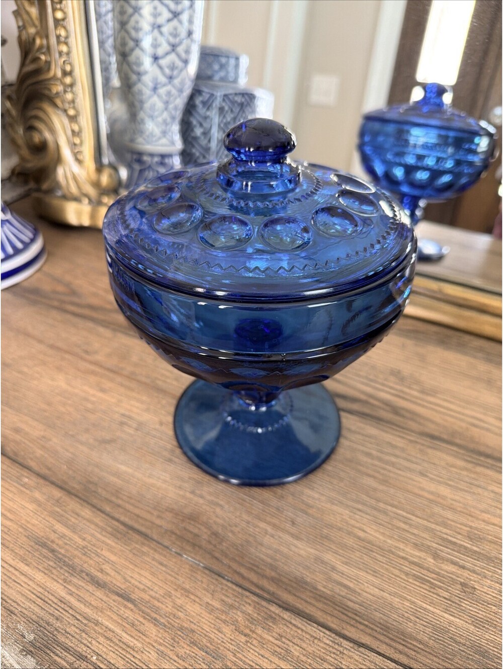 Vintage Indiana Glass Kings Crown Blue Covered Pedestal Compote Candy Dish